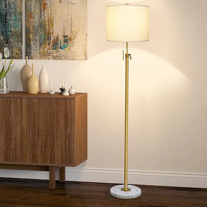 【Upgrade】 Gold Floor Lamps for Living Room, 55"-67" Height Adjustable Modern Standing Lamp with Marble Base, Pull Chain Switch, 3-Way Dimmable Tall Pole Lamp for Bedroom Office Reading, Bulb Included - Bloomnest