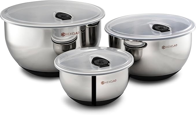 HexClad Stainless Steel Mixing Bowl Set, 3-Piece with Vacuum Seal Lids and Non-Slip Base, 1.3,3 and 5 Quarts - Bloomnest