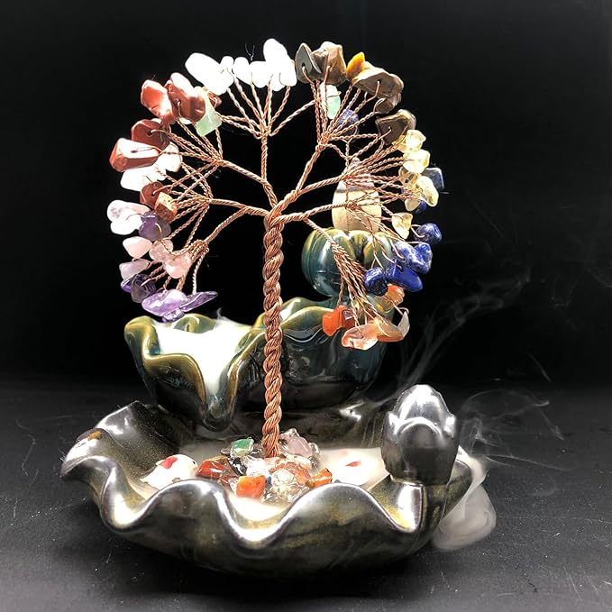 MrMrKura Backflow Incense Burner, Ceramic Incense Waterfall Burner with 7 Chakras Healing Crystals Tree Fountain Incense Holders for Yoga Meditation Home Decor - Bloomnest