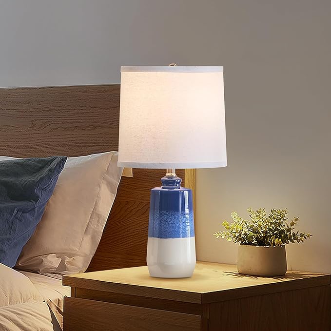 20.5" Ceramic Blue Lamps for Nightstand Set of 2, Blue Table Lamps for Living Room Set of 2, Coastal Table Lamps for Bedroom with White Barrel Lampshade, Blue White Ceramic Lamps for Small Space - Bloomnest