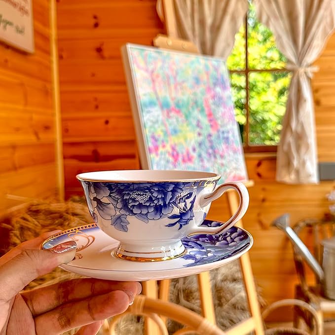 ACMLIFE Bone China Tea Sets, Blue and Gold Tea Set for Adults Porcelain Tea Cup Set, Cup and Saucer Set Vintage Floral for Women Party or Christmas Gifts Giving (china blue) - Bloomnest