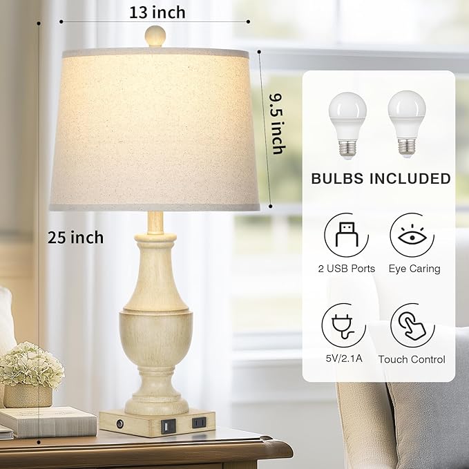 Farmhouse Lamps Set of 2, Vintage Rustic 3-Way Dimmable Touch Control Table Lamp with USB A+C Charging Ports & AC Outlet, Retro Resin Bedside Lamp Linen Shade for Bedroom Office Antique White - Bloomnest