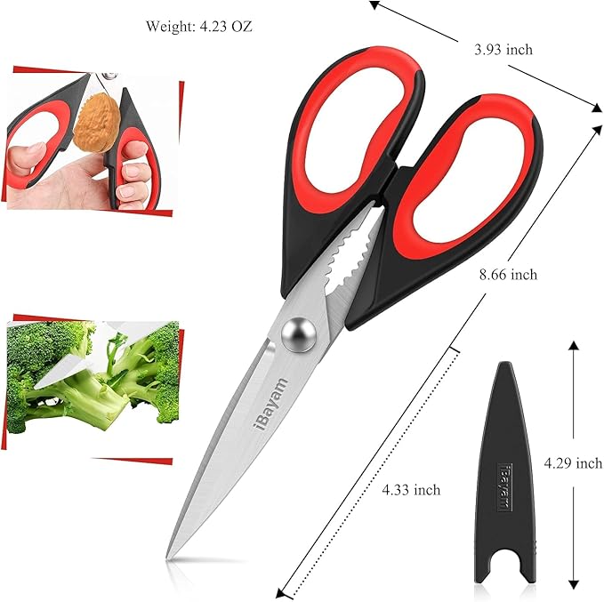 iBayam 3-Pack 8.5"Kitchen Scissors All Purpose Heavy Duty with Protective Sheath, Soft Grip Comfort Handle, Dishwasher Safe Kitchen Utensils Gadgets Set, Stainless Cooking Meat Poultry Food Shears - Bloomnest