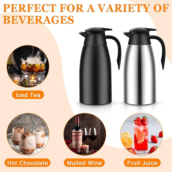 Norme 2 Pcs Thermal Coffee Carafe Insulated Stainless Steel Coffee Carafe for Hot Liquid Vacuum Thermal Pot Creamer Pitcher Dispenser with Brushes Keeping Hot Water Milk(Black, Silver,51 oz) - Bloomnest