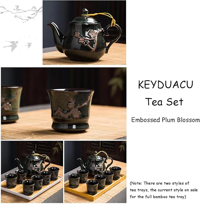KEYDUACU Japanese Tea Set, Green Kiln-Formed Ceramic Plum Blossom Cameo Tea Set, Includes 1 Teapot, 6 Teacups,Tea Tray,Strainer, Used for gifts, home, outdoor, Chinese Kung Fu Tea Set(FDMHA-GREEN) - Bloomnest