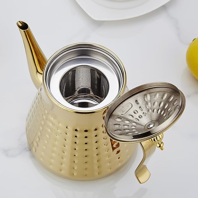 SANQIAHOME 1.2L(40oz) Stainless Steel Hammer Patterned Teapot With Removeable Infuser,Loose leaf cover,Gold - Bloomnest