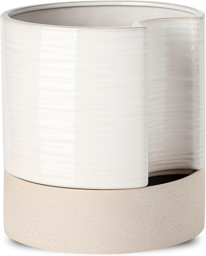 Nihow Self Watering Plant Pot: 8 Inch Ceramic Planter with Drainage Hole & Water Storage Plus for Indoor & Outdoor Plants - Cylinder Round Flower Pot for Succulent/Herbs/Violets - Cream White & Brown - Bloomnest