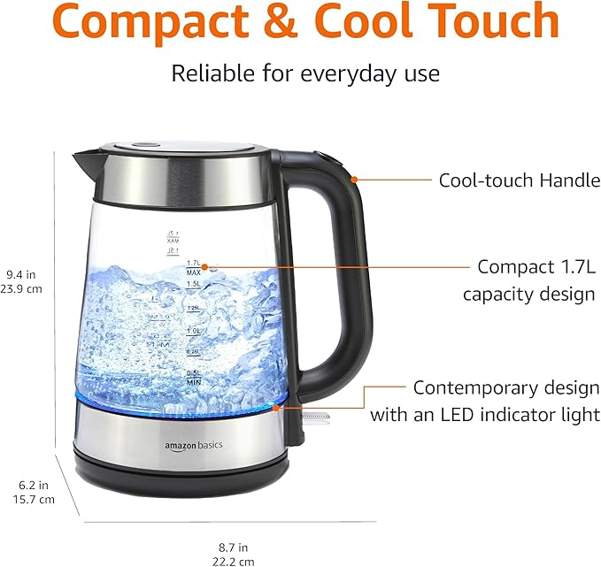 Amazon Basics Electric Kettle with Glass Carafe for Tea and Coffee, BPA-Free, Fast Boiling, Auto Shut-Off, 1.8 Quarts, 1500W, Black and Silver - Bloomnest