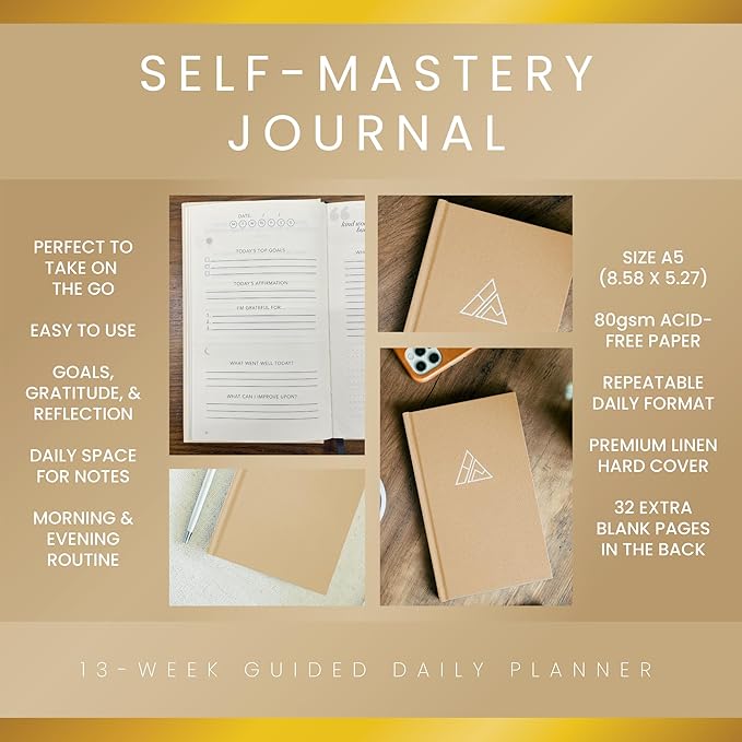 Self-Mastery Journal for Men - Gratitude Journal – 5 Minute Journals - Reflection Manifestation Journal for Mindfulness – Goal/Guided Gratitude Journel for Women & Men (Khaki) - Bloomnest