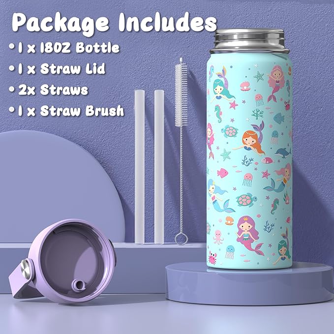 18oz Kids Insulated Water Bottle with Straw Lid - 18/8 Stainless Steel Kid Cup BPA-FREE Tumbler Double Wall Vacuum Leak Proof Portable Toddler Water Bottle for School (Purple Mermaid) - Bloomnest