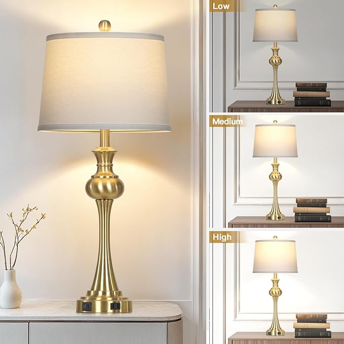 28.75" Modern Table Lamps Set of 2, Gold Bedside Lamp with USB A+C & AC Outlet,Brass Unique Desk Lamps for Living Room, Bedroom, Nightstand, End Table (2 Bulbs Included) - Bloomnest
