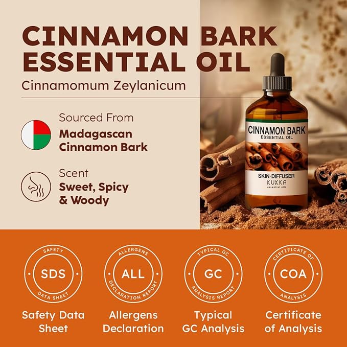 KUKKA Cinnamon Essential Oils - 4 Fl Oz - for Hair, Skin, Diffuser, Aromatherapy & DIY Soap Making Scent - Bloomnest