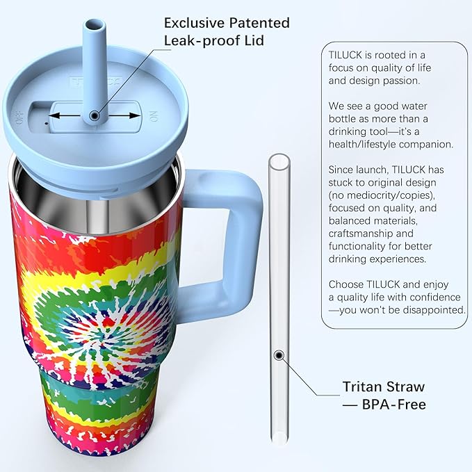 TILUCK 40 oz Tumbler with Handle, Vacuum Insulated Stainless Steel Travel Mug with 100% Leak-Proof Silicone Straw Lid, Cupholder Friendly Water Bottle(RotatingRainbow, 40oz) - Bloomnest