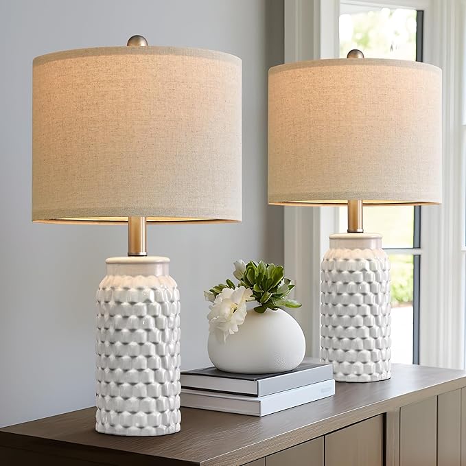 20.5" White Modern Ceramic Bedside Lamp Set of 2 for Bedroom Decor Farmhouse Table Lamp for Living Room Office Dorm - Bloomnest