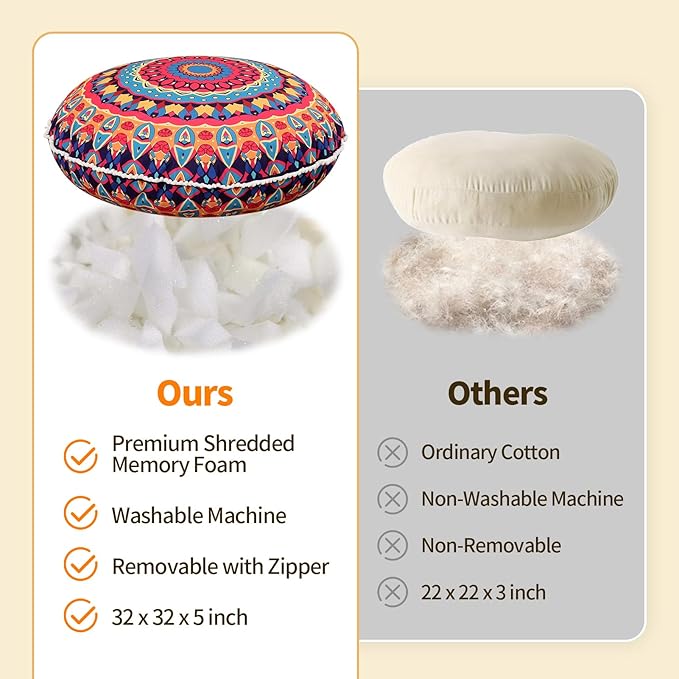 32 inches Meditation Floor Cushion for Adults, Round Large Thick Floor Pillow, Memory Foam Filling, Red