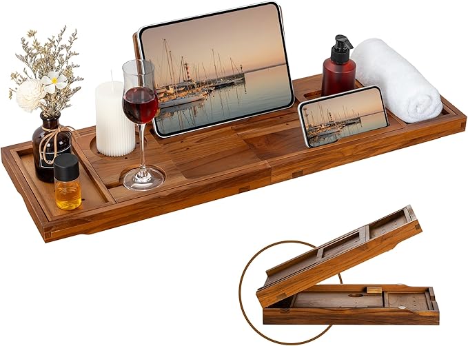 Teak Bathtub Tray - Luxury Bath Tray with Expandable Handles, Wine Glass and Phone Holders, Book Stand - Perfect for Home Spa Relaxation and Reading - Natural Bath Accessories - Light Walnut Color - Bloomnest