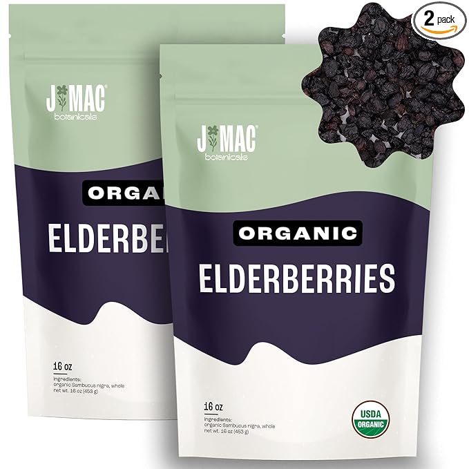 J MAC BOTANICALS Certified USDA - 100% Organic Dried Elderberries - 2lb Bulk - Non-Irradiated, Non-GMO, Whole Black Elderberry Immune Support - Raw Vegan Sambucus 2 Pack - Bloomnest