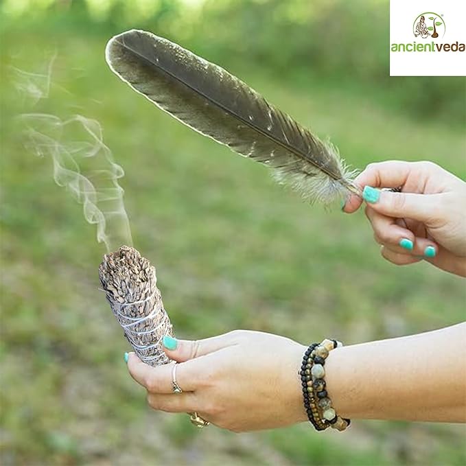 Ancient VEDA Organic Smudge Kit – Blue Sage, Palo Santo, Sweetgrass Braid, Feather & Smudge Guide | Home Cleansing Kit for Meditation, Yoga, Energy Healing & Gift (Starter Kit, Blue Sage)