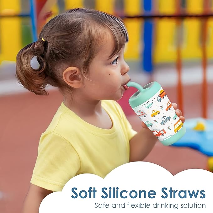 Kid Insulated Stainless Steel Tumbler with Silicone Straw, 12oz Sippy Cup for Kids (Transportation) - Bloomnest