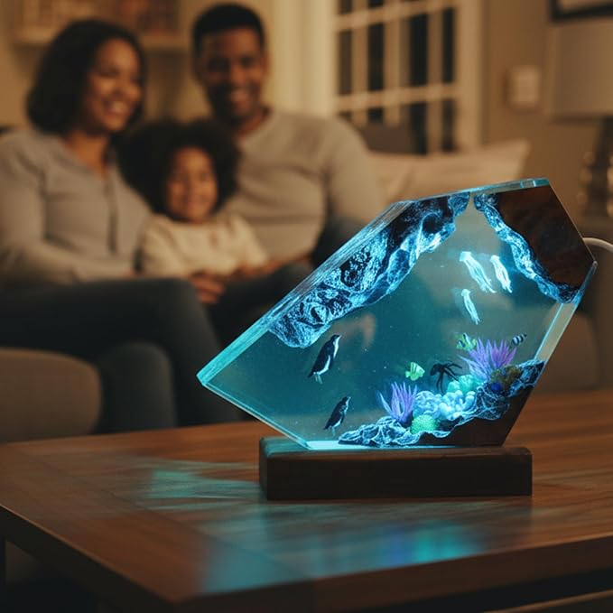 Handmade 3D Ocean Resin Lamp, Epoxy Ocean Night Light with Wooden Base, LED Color Changing Table Lamp, USB Powered Dragons Decor, Unique Ocean Gift for Bedroom & Home Office (Penguin) - Bloomnest