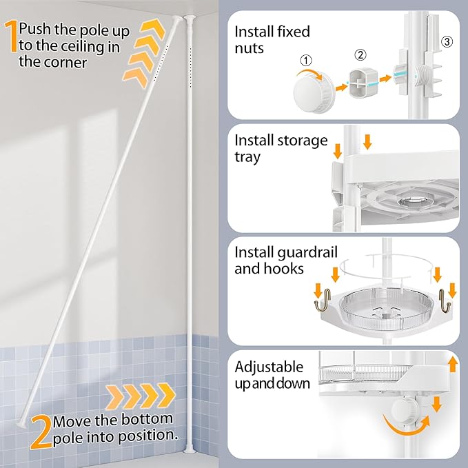 360° Rotating Corner Shower Caddy Tension Pole Organizer - 4-Tier Adjustable Rustproof Metal Pole, Plastic Shelves with Safety Guardrail, Bathroom Storage for Shower & Bathtub(White) - Bloomnest