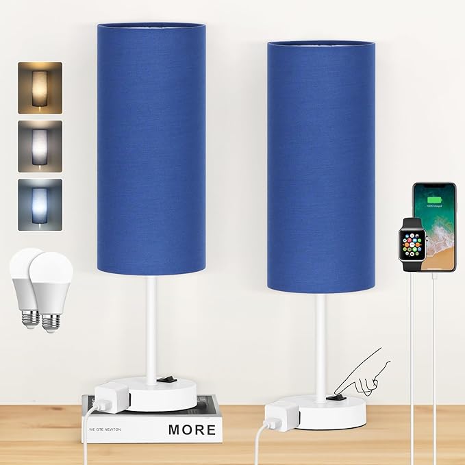 ZJOJO Table Lamp for Bedroom 2 Pack,18in Bedside Lamps with 3 Way Dimmable Rocker Switch & AC Outlet,Nightstand Desk Lamp with Blue Fabric Shade White Base for Living Room Home Decor Lights - Bloomnest