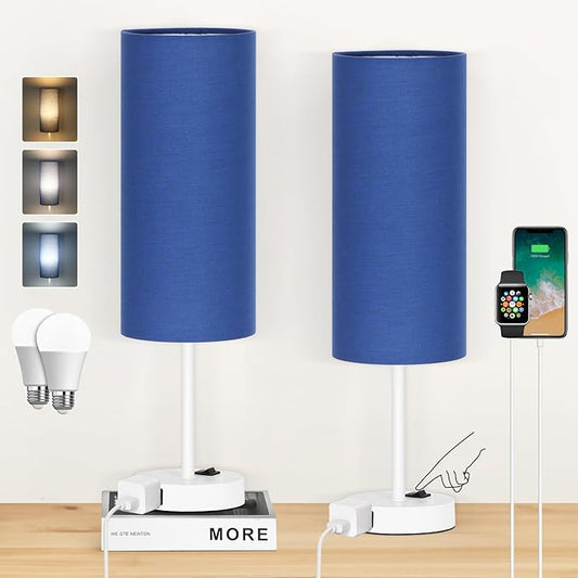 ZJOJO Table Lamp for Bedroom 2 Pack,18in Bedside Lamps with 3 Way Dimmable Rocker Switch & AC Outlet,Nightstand Desk Lamp with Blue Fabric Shade White Base for Living Room Home Decor Lights - Bloomnest