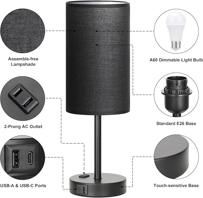 Fenmzee Touch Nightstand Lamp - Black, 3-Way Dimmable, USB A + C Charging, AC Outlet, 17.4inch Medium - Bloomnest