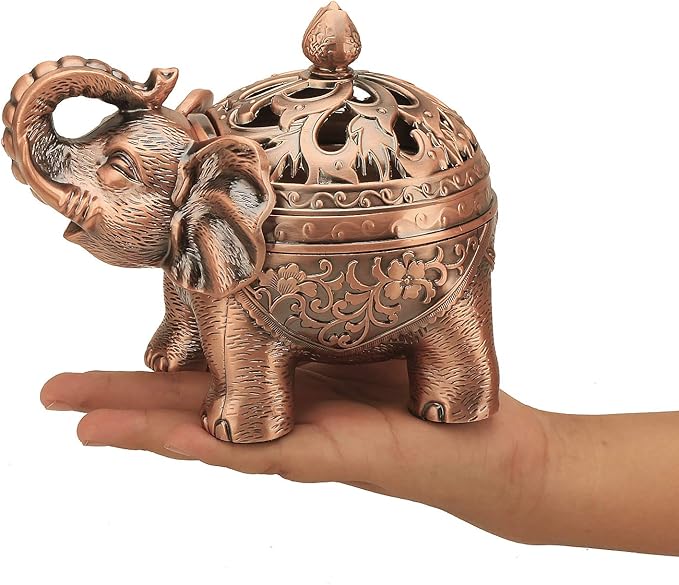 K COOL Alloy Incense Holder Stand Elephant Cone Coil Incense Burner Ash Catcher with Lid, Aromatherapy Ornament Home Decoration for Indoor Outdoor (Red Copper) - Bloomnest