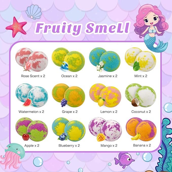 Mermaid & Unicorn Brand 24 Count Mermaid-Themed Kids Bath Bombs Set with Fruity Scents and Surprise Jewelry Inside