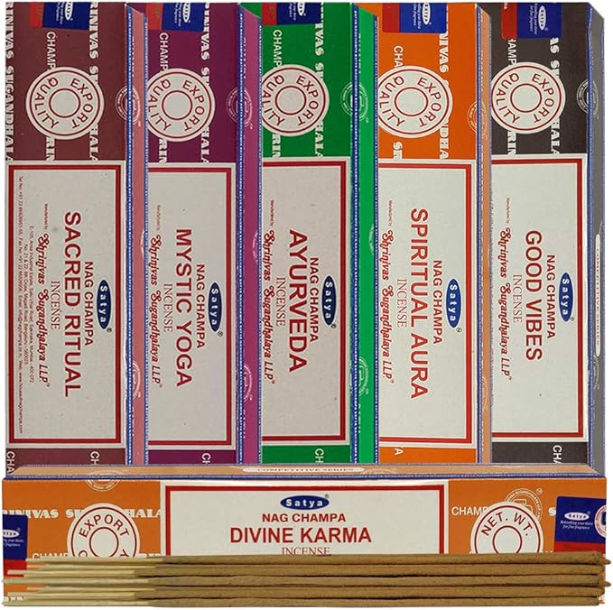 Satya Incense Sticks Variety Pack #5 and Incense Stick Holder Bundle with 6 Yoga and Meditation Themed Fragrances TRUMIRI