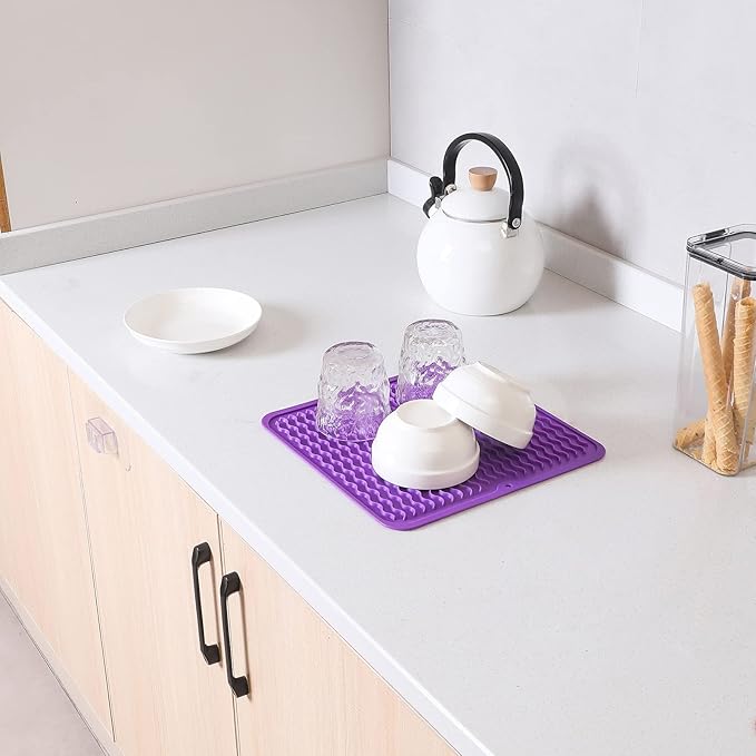 Silicone Dish Drying Mat for Multiple Usage,Easy clean,Eco-friendly,Heat-resistant Silicone Mat for Kitchen Counter or Sink,Refrigerator or Drawer liner Purple M 12 inches x 12 inches - Bloomnest