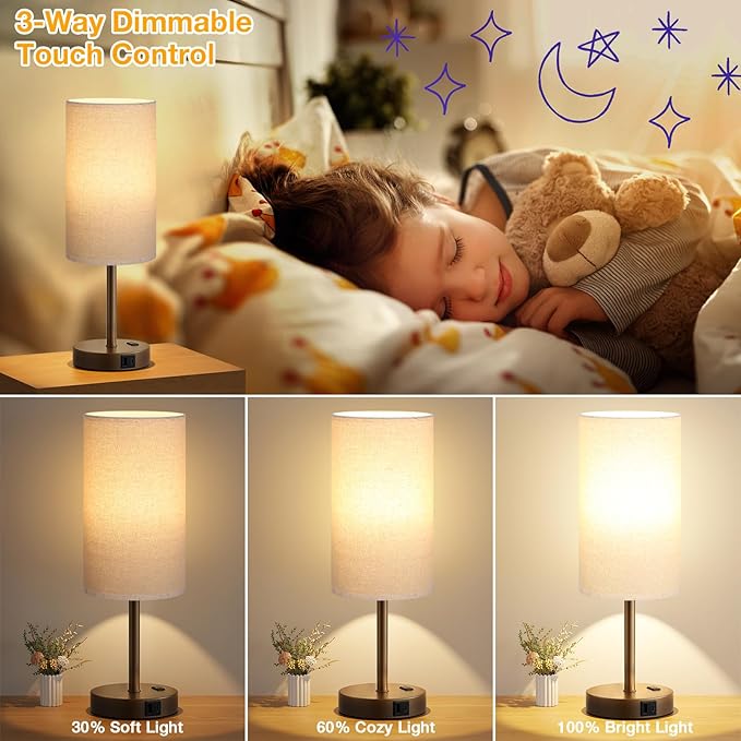 Touch Bedside Table Lamp with USB - 3 Way Dimmable Brown Lamp for Bedroom Nightstand, Desk Lamp with Charging Station for Dorm, Office, Kids Room, Living Room - Bloomnest