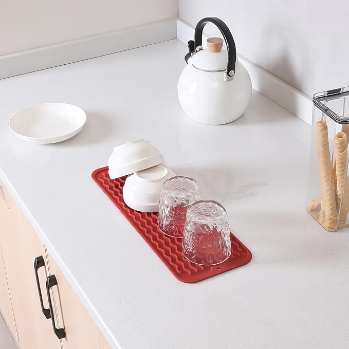 Silicone Dish Drying Mat for Multiple Usage,Easy clean,Eco-friendly,Heat-resistant Silicone Mat for Kitchen Counter,Sink,Bar,Bottle,or Cup Red M 17 inches x 6 inches - Bloomnest