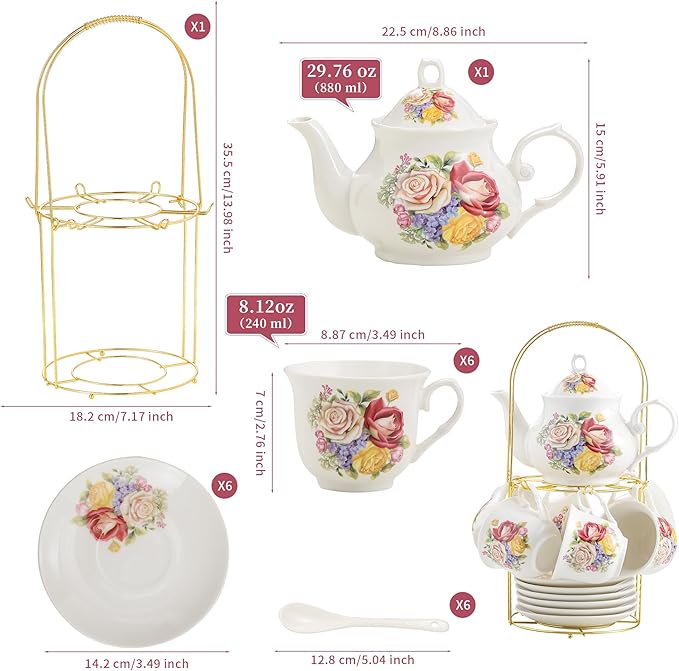 20-Pieces Porcelain Bone china Tea Sets,Gold Rim Coffee Set with Golden Metal Rack,Tea Gift Sets for Home&Party (006) - Bloomnest