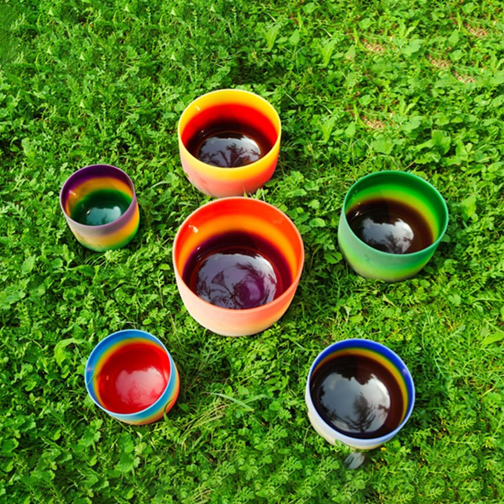 Hye-eun 432hz Crystal Singing Bowls,7-12 Inch Rainbow Colored Quartz Sound Bowl Set of 7pcs with Carrying Case for Yoga Sound Healing Instrument Meditation