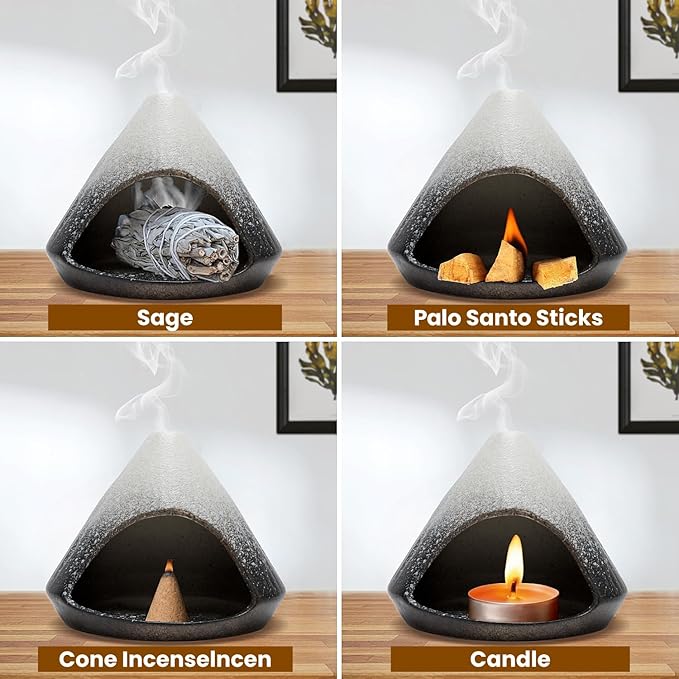 Palo Santo Holder, Mini Ceramic Zongzi Chimenea for Sage/Sticks/Cone, Modern Incense Burner for Yoga, Meditation, Energy Cleansing-Smudge Bowl with Ash Catcher, Anxiety Relief Gift for Women - Bloomnest