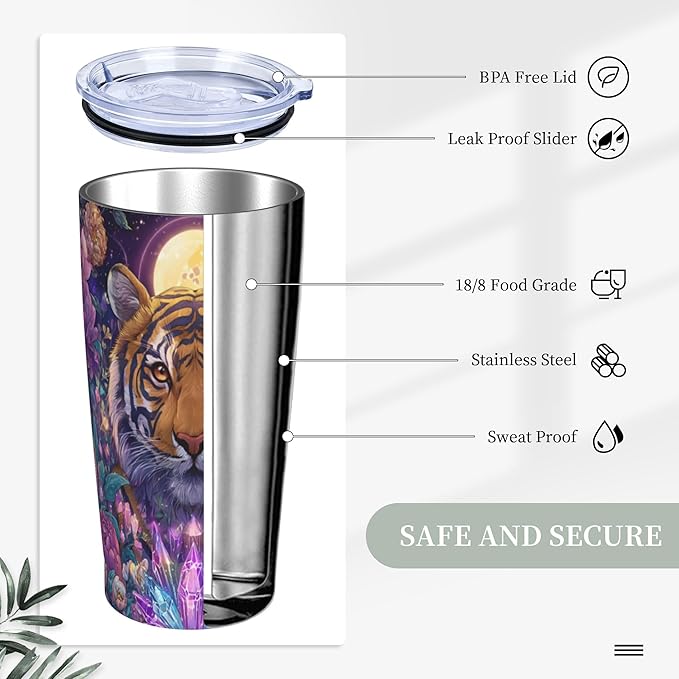 Tiger Tumbler with Lid and Straw 20 oz Stainless Steel Cup Insulated Tumbler Coffee Mug for Home Office or Car Christmas Birthday Gifts - Bloomnest