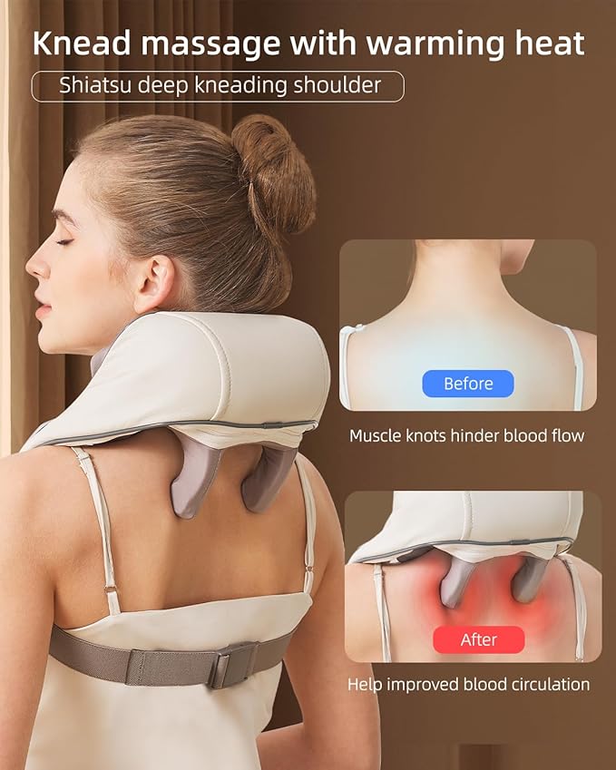 Neck Massager for Pain Relief deep Tissue Relieves Tension Kneading Massager with Heat Improves Circulation Eases Muscle Soreness,Ideal Gifts(Beige)