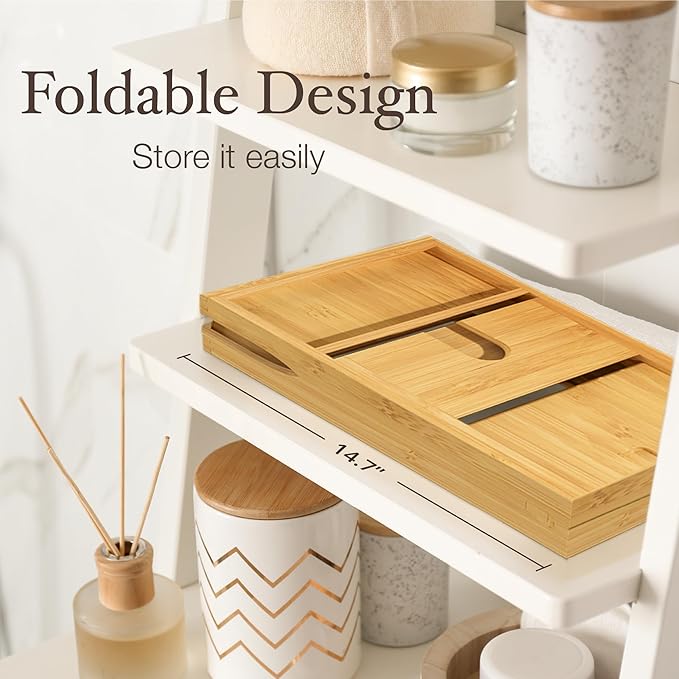Wooden Bathtub Tray - Foldable Expandable Bamboo Bath Tray for Tub with Wine Holder, Book & Tablet Stand - Bath Caddy for Bathtub, Spa Bath Accessories for Women, Tub Tray Table, Gift for Her or Him - Bloomnest