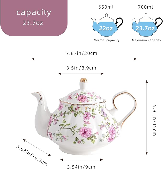 Flower Ceramic Teapot,22oz Porcelain Tea pot for Tea Coffee Milk for Office Home Men Women as Gift (White and big flowers)