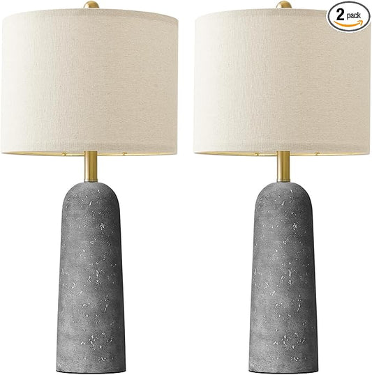 BOBOMOMO 27.25" Modern Table Lamp Set of 2, Gray Resin Lamp with Natural Stone Look, Travertine Lamps for Living Room with Linen Shades, Nightstand Lamp for Bedroom, Living Room, Entryway - Bloomnest