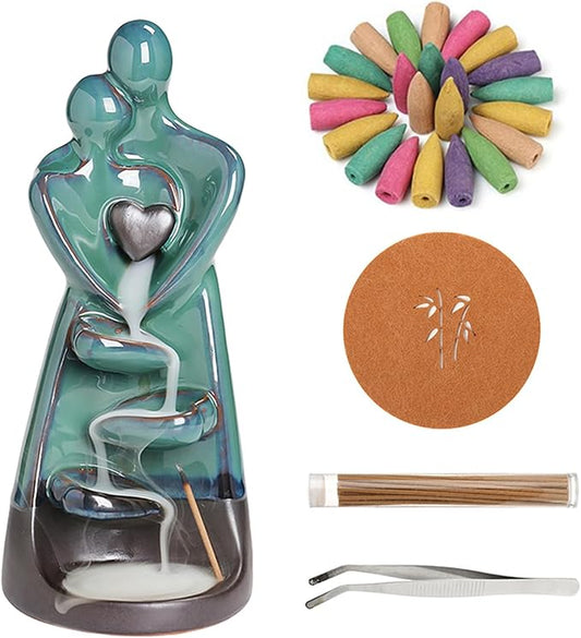 Simcat Backflow Incense Burner Holder Handicraft Hugging Lovers Incense Holder Censer Romantic Incense Waterfall Burner Decor + 20 Backflow Incense Cones 30 Incense Sticks 1 Tweezer 1 Mat - Bloomnest