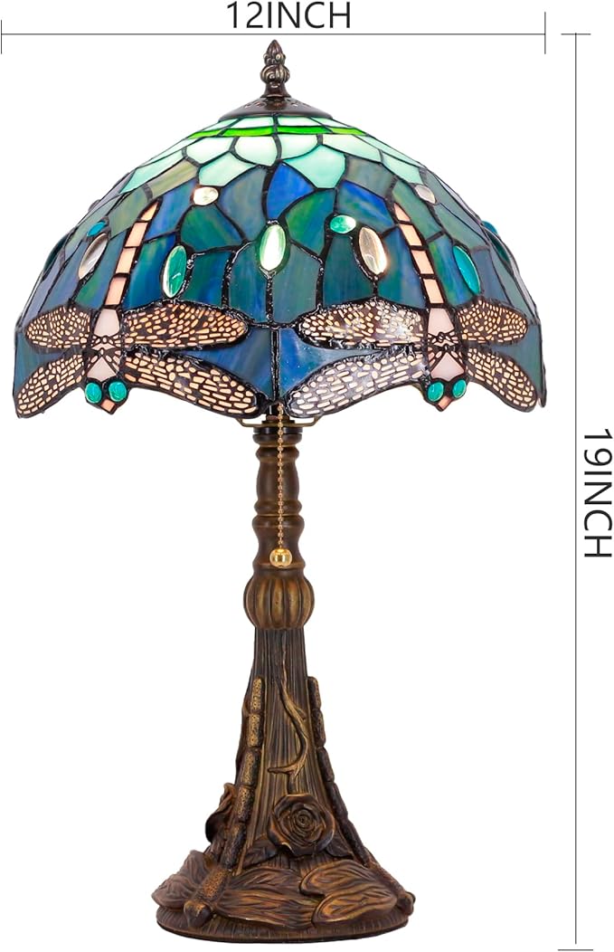 Tiffany Stained Glass Table Lamp 12X12X19 Inch Blue Dragonfly Style Desk Bedroom Living Room Reading Light (Blue Dragonfly) - Bloomnest