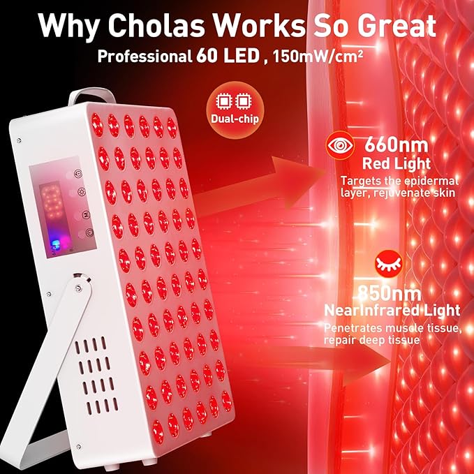 Cholas Red Light Therapy Panel for Face and Body, 150W with 60 Dual Chip LEDs, 660nm Red Light and 850nm Near Infrared, 3 Modes Adjustable Brightness and Timer, Gifts for Men Women Cholas