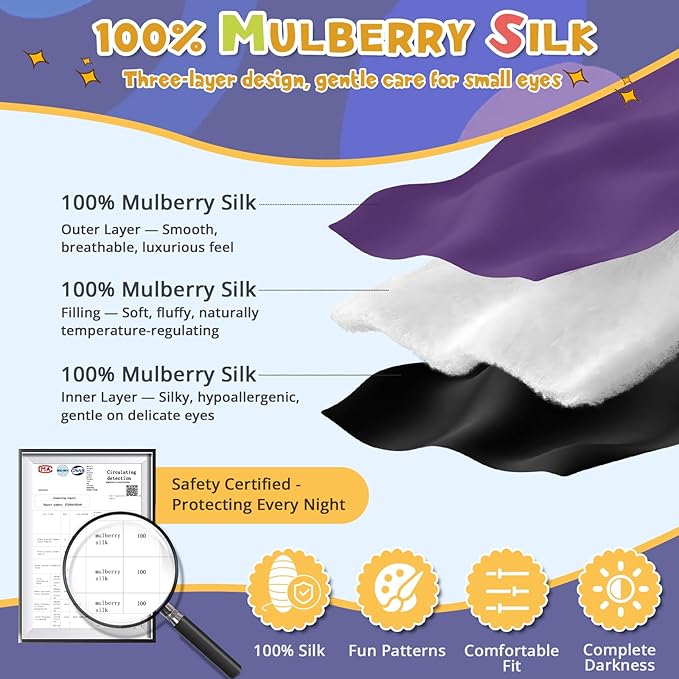 Silk Kids Sleep Mask: 100% Mulberry Silk Eye Mask, Sleeping Masks with Adjustable Strap, Soft & Light-Blocking Printed Kid Eye Cover for Boys Girls Teens Aged 5-15 (Horse Theme) - Bloomnest