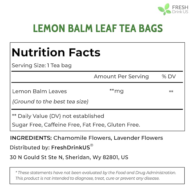 FreshDrinkUS, Lemon Balm Tea Bags | 40 Count |100% Pure Melissa officinalis – Naturally Calming Herbal Tea | Caffeine-Free, Premium Quality, Refreshing Flavor, Sustainably Sourced - Bloomnest