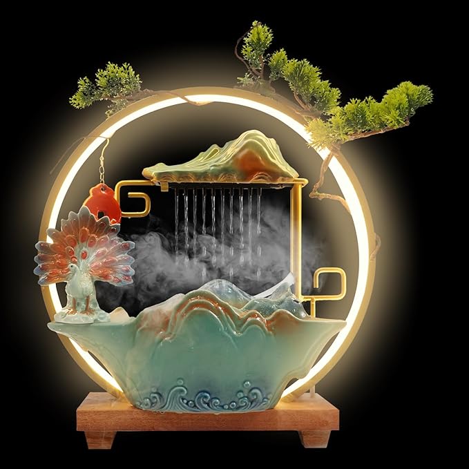 Tabletop Water Fountains, Indoor Water Fall with LED Light Zen Decor for Meditation with Mist, Japanese Decor with Fake Plants Feng Shui Decor for Good Luck Wealth - Bloomnest