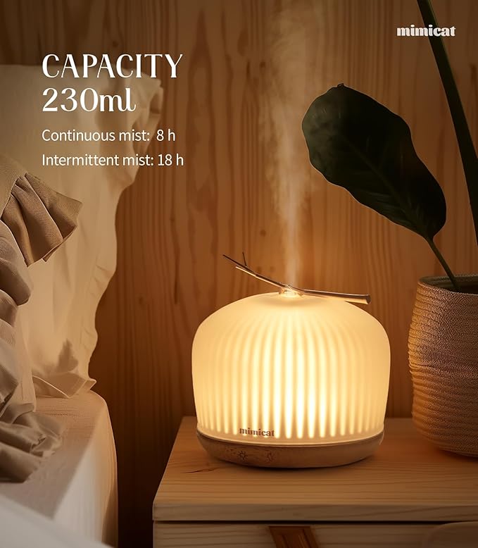 mimicat Quiet Aromatherapy Diffuser Glass: 230ML Ultrasonic Cool Mist Scent for Home with Night Light - Aesthetic for Women Girls - Bloomnest
