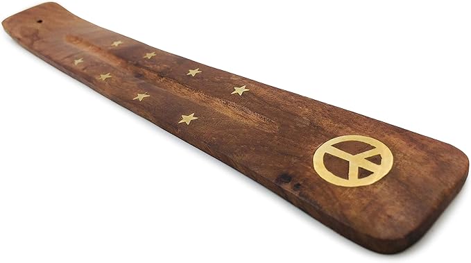 Incense Holder with Peace Sign - Wooden Tray Incense Burner Holder with Brass Inlay - for Incense Sticks, Meditation Accessories, Room Decor - 10 Inches - Bloomnest